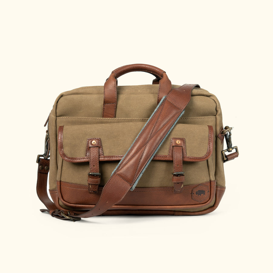 Mens Best Canvas Leather Briefcase Bag Field KHaki