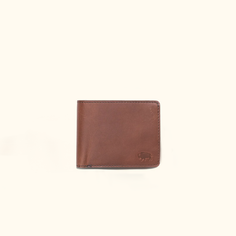 Amber brown Roosevelt leather billfold wallet with sleek design and fine stitching detail.